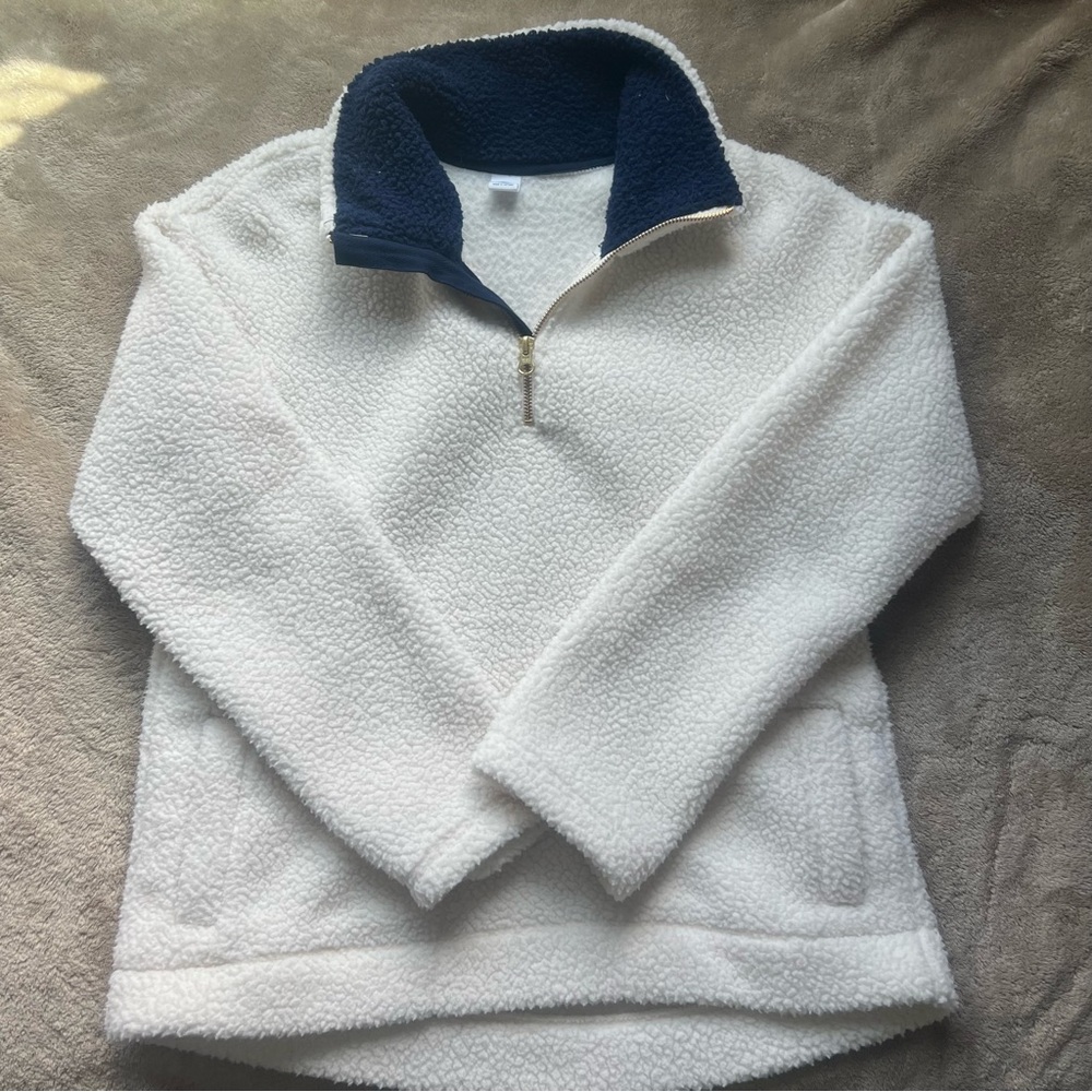 Like New Old Navy White and Navy Fleece Sweatshirt Quarter Zip Sherpa Size Small